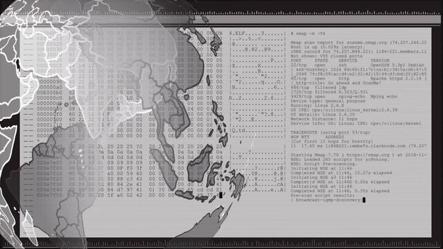 On loading network interface 3D globe rotating while terminal streaming scan and routing info
