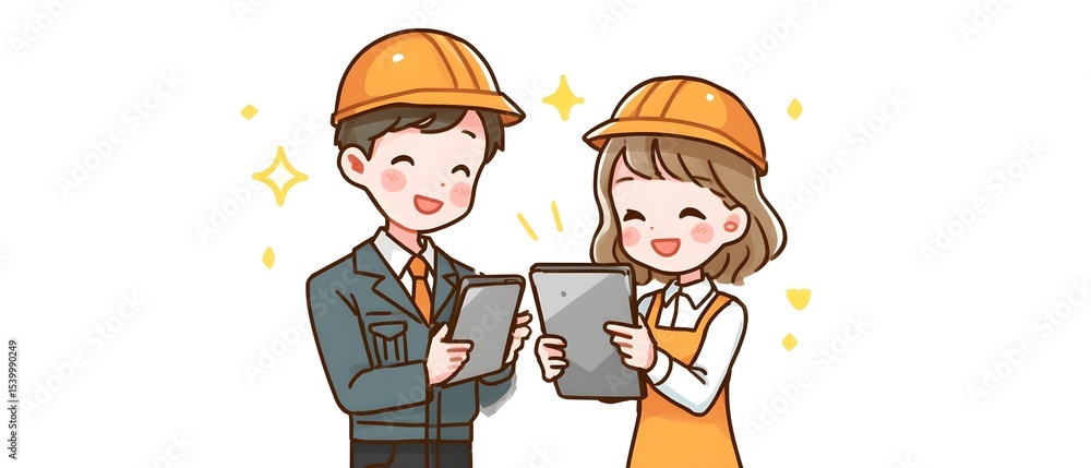 Poster two smiling construction workers wearing hard hats and work uniforms working together on a construct