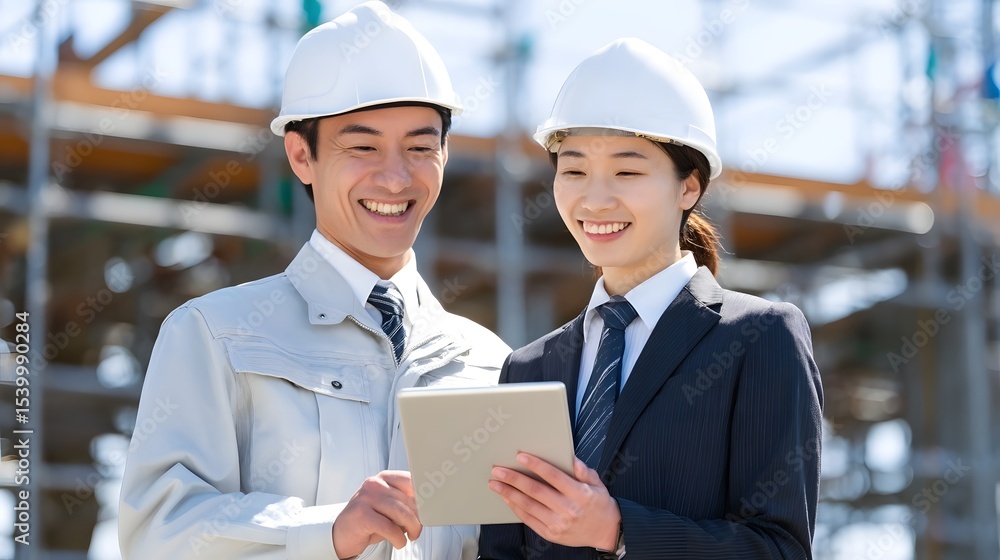 Poster two construction workers or engineers in hardhats discussing plans and strategies for a building pro