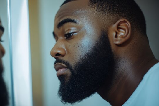 Adult Male Acne. African American Man Examining His Beard in Bathroom Mirror