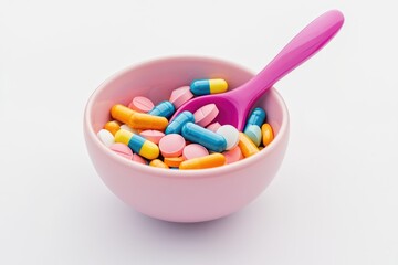 Assorted pills in a pink bowl with a pink spoon