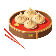 Steamed Dumplings in Bamboo Steamer - Vector Illustration