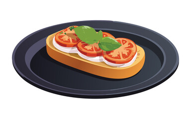 Delicious Bruschetta on Black Plate - Vector Illustration