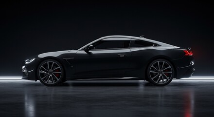 Sleek Black Sports Car in Dramatic Lighting, Side Profile on Dark Background