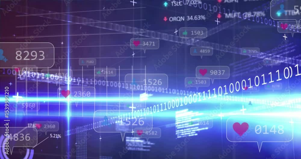 Poster blue beam sweeping grid, causing binary clusters sliding callouts and graphs animating data trends