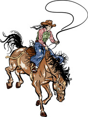 Wild west cowboy and cow girl Rodeo riding horse illustration
