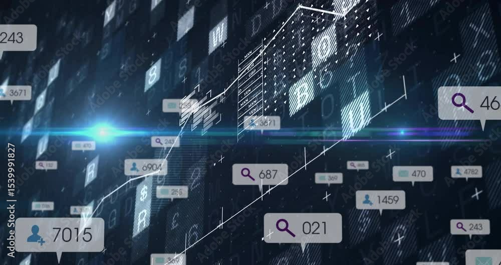 Poster initiating line appearing, graph oscillating with floating user, search tags, showing search trends