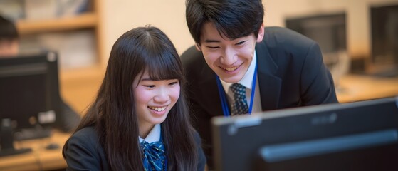An adult male teacher guiding and teaching a young female student how to operate a desktop or laptop computer in a classroom or office setting