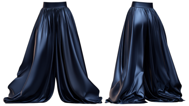 matte navy wide-leg pants with high waist flowy lightweight fabric isolated on transparent background 