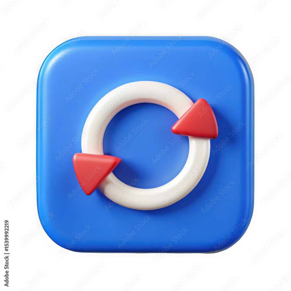 Poster 3d render blue square button with circular arrows isolated on transparent background