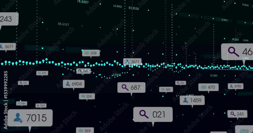 Poster animation starting with teal dots forming waveform, callouts appearing showing changing data values