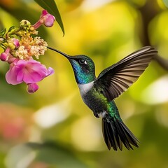 Hummingbird feeding on flower tropical garden wildlife photography vibrant environment close-up view nature's beauty