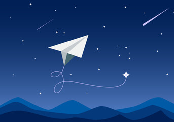 A paper plane on a cosmic journey minimalist vector art. 