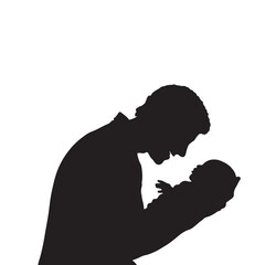 Father Holding Newborn Baby Silhouette | Gentle Dad and Infant Vector Illustration on White Background