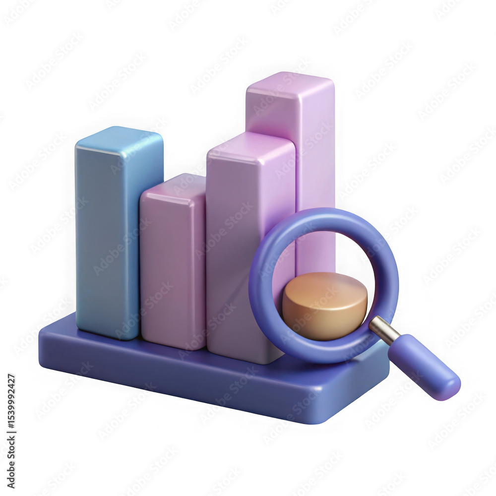 Poster 3d render of bar chart with magnifying glass isolated on transparent background