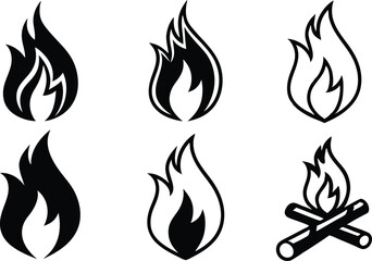 Fire Clipart Icon Set in Black and White. Clean Fire Clipart for Logos and Labels. Minimalist Fire Clipart for Digital Projects. Flame Clipart Design Collection