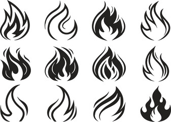 Fire Clipart Icon Set in Black and White. Clean Fire Clipart for Logos and Labels. Minimalist Fire Clipart for Digital Projects. Flame Clipart Design Collection