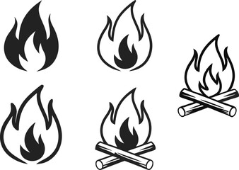 Fire Clipart Icon Set in Black and White. Clean Fire Clipart for Logos and Labels. Minimalist Fire Clipart for Digital Projects. Flame Clipart Design Collection