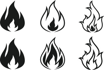 Fire Clipart Icon Set in Black and White. Clean Fire Clipart for Logos and Labels. Minimalist Fire Clipart for Digital Projects. Flame Clipart Design Collection