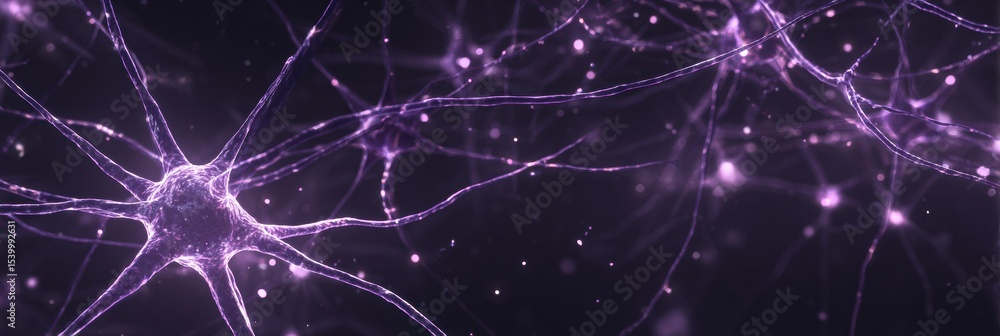 Poster neon-lit neuron network against dark purple backdrop evoking a cyberpunk atmosphere with intricate d