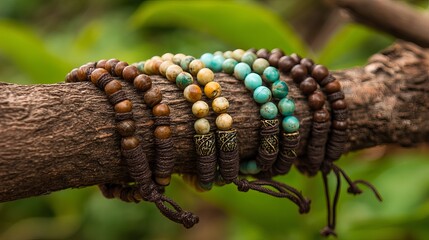 Handcrafted natural bead bracelets hanging on rustic tree branch display in organic bohemian style