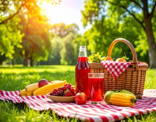 Sunny summer picnic with red drink, fruits, corn, and basket on striped blanket in park with green trees and warm daylight all around.