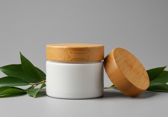 White Ceramic Jar with Bamboo Lid and Green Leaves on Grey Background