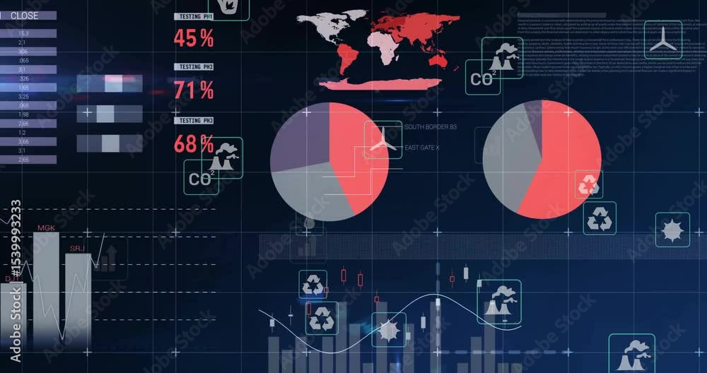 Poster fading in data table initiating gauges updating charts shifting, icons floating visualizing metrics