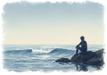 Young man sitting on a rock by the sea, contemplating mental health  