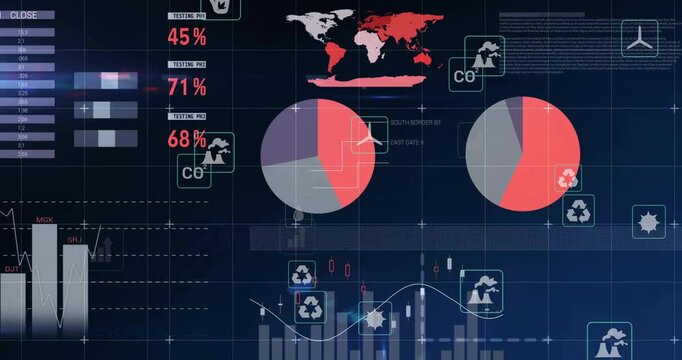 Fading in data table initiating gauges updating charts shifting, icons floating visualizing metrics - Powered by Adobe