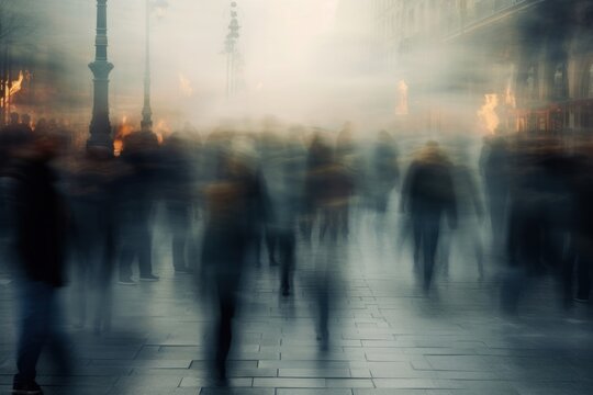 Fototapeta Blurred crowd street outdoors walking.