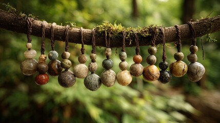 Handcrafted natural bead bracelets hanging on rustic tree branch display in organic bohemian style