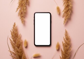 Smartphone mockup with white screen surrounded by dried pampas grass on a pink background