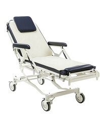 A modern hospital stretcher with adjustable features and wheels, designed for patient transport. Isolated on transparent white background, png	
