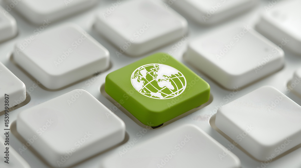 Poster close up modern white keyboard and green button with white world wide web symbol. globe internet, wo