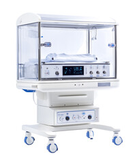Modern neonatal incubator designed for infant care in a clinical setting. Isolated on transparent white background, png	
