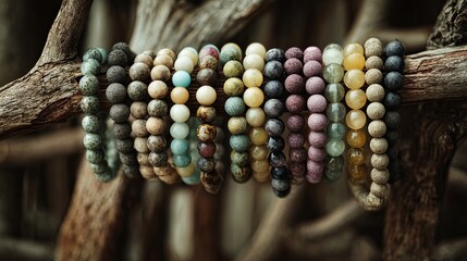 Handcrafted natural bead bracelets hanging on rustic tree branch display in organic bohemian style