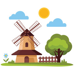 Windmill fence tree landscape vector isolated white background © azzedine
