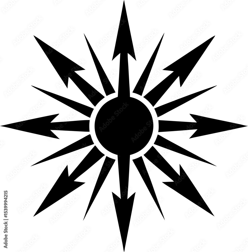 Poster a powerful sun symbol with angular rays in a pure black-and-white colour scheme.