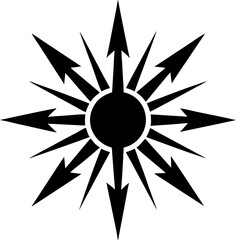A powerful sun symbol with angular rays in a pure black-and-white colour scheme.