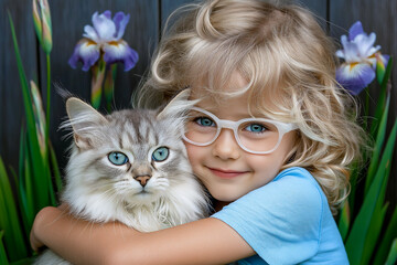 Girl happy smiling 5-7 years old hugs a cat in the garden