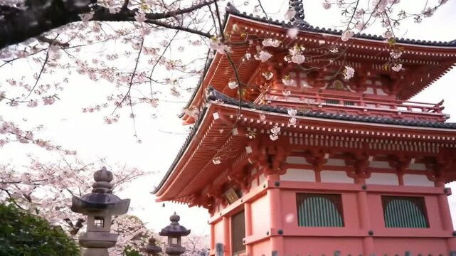 Pink tample Under Blooming Cherry Blossom Trees hd ultra video