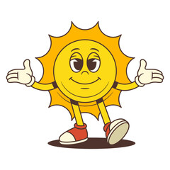Cheerful cartoon sun mascot walking forward with open arms and a calm smile in retro animation style. Suitable for summer promotions, children’s projects and media content. Vector illustration