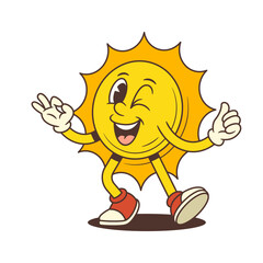 Smiling cartoon sun mascot dancing with joy, winking and making an OK hand sign in cheerful vintage animation style. Suitable for social media, design, branding and summer content. Vector illustration