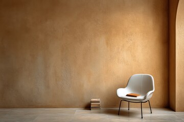 Simple white chair with books on the seat in a warm earth tone interior featuring a soft arched wall and natural lighting