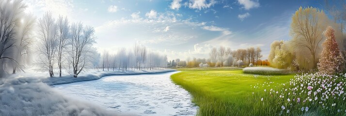 Seasonal transition from winter to spring with snowy trees and blooming flowers. Ideal for illustrating nature, climate change, or four seasons concepts.