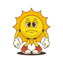 Cartoon sun mascot standing with drooped hands and a sad expression. Suitable for emotional, weather and seasonal designs. Perfect for illustrating feelings of gloom or low energy. Vector illustration