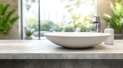 Fototapeta premium Bathroom Counter Sink. Product Display on Empty Tabletop in Blurred Interior Setting
