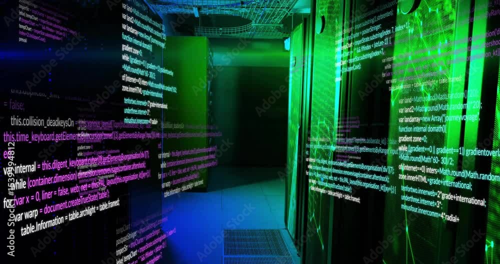 Poster empty rack aisle receiving fading magenta streams and emerging neon green code showing data flow