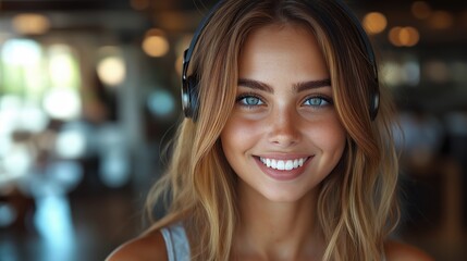 Obraz premium Bright young woman with headset happily assisting customers in a modern office environment during the day